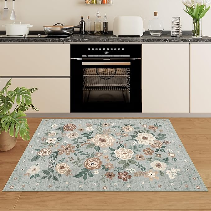 DUKINO 3x5 Area Rug, Floral Rugs for Living Room, Lightweight Non Slip Washable Rug, Indoor Low Pile & Non-Shedding Boho Design Rugs for Bedroom, Living Room, Dining Room, Sage Green