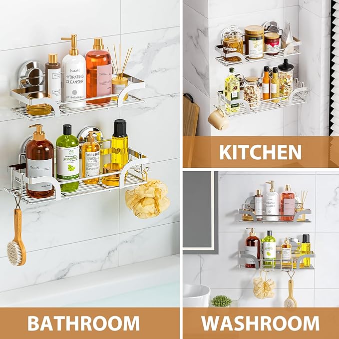 LEVERLOC Shower Caddy Suction Cup 2 Pack, Shower Shelf for Inside, Large Capacity Bathroom Organizers and Storage, Rustproof & Waterproof Metal Bath Basket, Silver