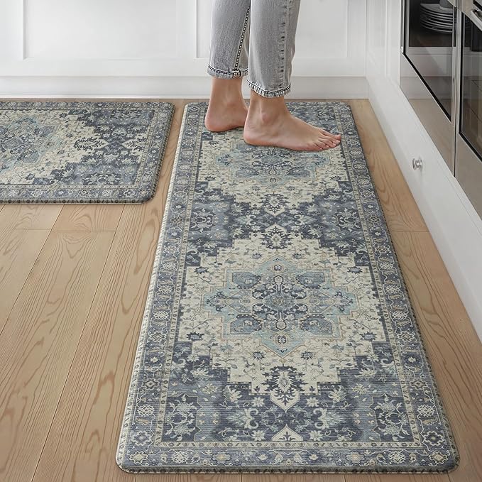 GENIMO Kitchen Mats for Floor 2PCs, Washable Anti Fatigue Mat for Cushioned, 17.3"x47"+17.3"x30", Waterproof Kitchen Rugs, Non Slip Comfort Standing Mat Rug for Home, Sink, Laundry, Center Blue