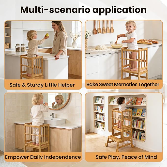 HBTower Kids Kitchen Step Stool with Safety Rails & Anti-Slip Feet,Toddler Standing Tower for Kitchen Counter Learning - Hold Up to 450lbs,Anti-Slip Feet Toddlers Learning Tower,Natural Bamboo