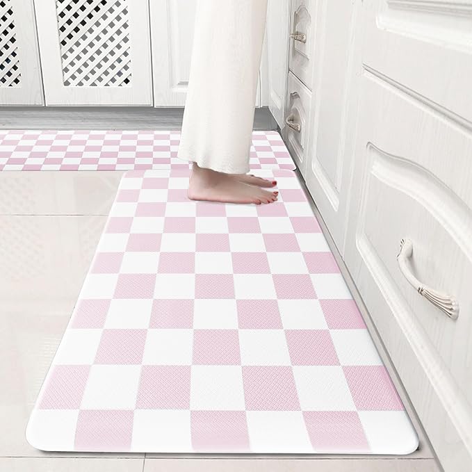Pink Checkered Grid Checkerboard Kitchen Rug Sets [2 PCs], Anti-Fatigue, Waterproof Non-Slip Kitchen Mats Heavy Duty Ergonomic Comfort Foam Rug for Floor, Home, Laundry,Easter 17"x29"+17"x47"