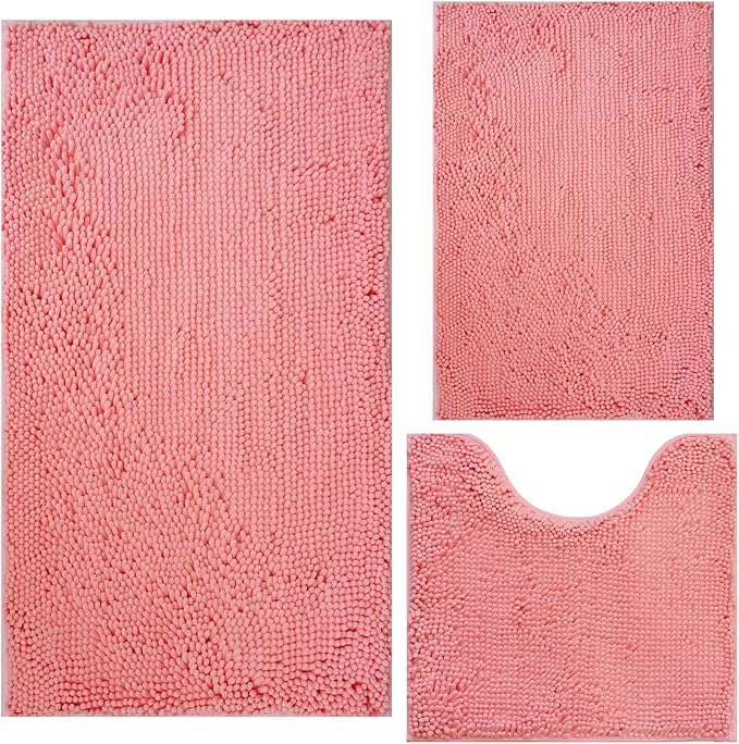 Bathroom Rugs Chenille 3-Piece Extra Soft and Absorbent Shag Bathroom Rugs, Machine Wash Mat, Strong PVC Non-Slip Underside, Plush Carpet Mats (Pink)