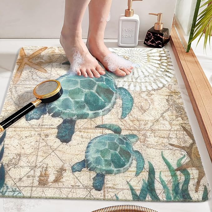 Sea Turtle Shower Mats for Inside Shower, Square Non Slip Bath Mat Cute Shower Matt for Bathroom Floor Easy Cleaning Loofah Bathmat, Quick Drying Textured Surface Shower Foot Scrubber Mat, 24″X24″