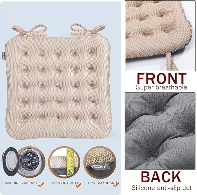 SINOSSO Excellent Support Effect Office Chair Cushion 1 Pack, Luxury Air Mesh Breathable Non-Slip Desk Computer Seat Cushion, Kitchen Dining Room Square Chair Pad (1 Count, Beige)