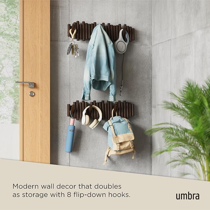 Umbra Picket Coat Rack with 8 Hooks – Walnut Wall-Mounted Coat Rack with Flip-Down Wooden Hooks, Real Pine Wood Decorative Wall Storage for Jackets, Hats, Scarves, Bags, Entryway, Bedroom Living Room