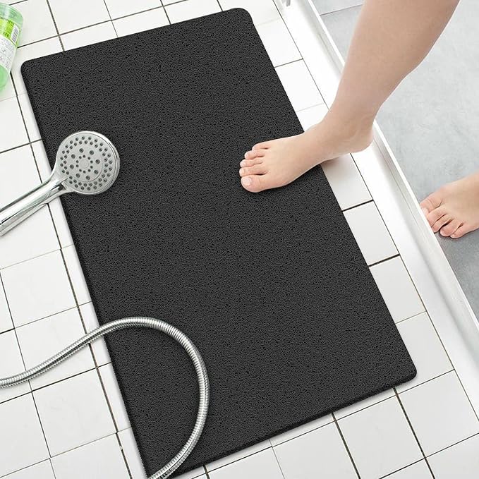 SONGZIMING Shower Mat Non Slip Without Suction Cups, 32x17 Inch, Bath Mat with Drain, Loofah Mat for Textured Surface Tub, Bathroom, Quick Drying, Black