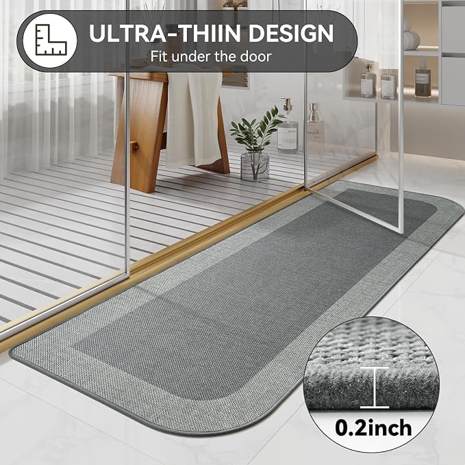 YDKGL Bathroom Runner Rug, Thin Bath Mat Non Slip Washable Large Bathroom Rugs, Rubber Backing Quick Dry for Floor, Tub and Shower, Grey 24x70