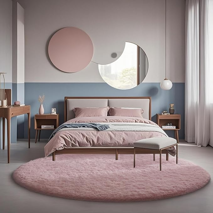 Ophanie Round Rugs 6Ft Pink Circle Area Rug, Fuzzy Bedroom Carpet, Large Shag Plush Floor Kawaii Christmas Living Room Rugs 6 Foot,Cute Room Decor for Kids Teen Girls Baby Home Aesthetic,Nursery