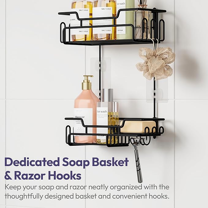 SWTYMIKI Bathroom Shower Caddy Hanging - Extended Length 2 Tier Rustproof Over Shower Head Organizer, No Drilling Bathroom Shelf with 14 Hooks & Soap Holder, Anti-Swing Rack, Black, Medium