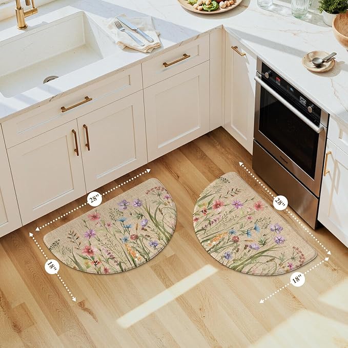 KIMODE Kitchen Mats for Floor Anti Fatigue, 18"x28" Half Round Cushioned Kitchen Floor Mats, Ergonomic Waterproof Standing Mats, Boho Kitchen Rugs Sets of 2 Non Skid for Laundry Office Light Brown