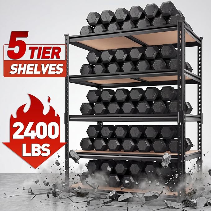 REIBII 2400LBS Garage Shelving 5 Tier Storage Shelves Heavy Duty, Adjustable Metal Shelving Unit,Garage Shelves for Basement,Warehouse,Pantry,Closet,Kitchen 72" H x 35.55" W x 16" D,2 Pack | Heavy Duty