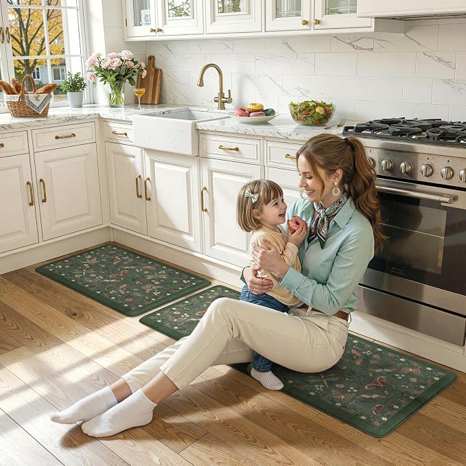 LEEVAN Anti Fatigue Mats for Kitchen Floor Non-Slip, Cushioned Kitchen Mats for Floor 20''x31''+20''x47'', Green Memory Foam Kitchen Mat Set