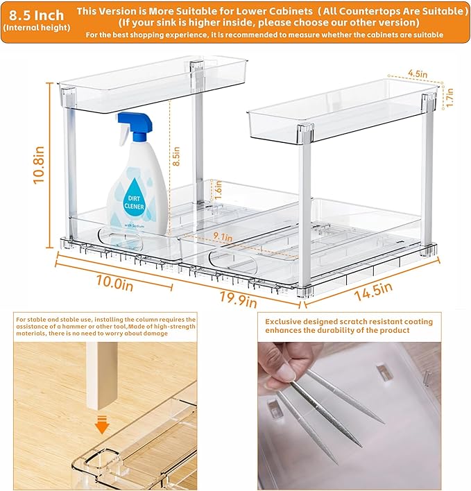 Yieach 2 Pack 14.5″ Deep Pull Out Under Sink Organizer,10.8″ High 2 Tier Slide Out Cabinet Organizer for Kitchen Cabinet,Undersink Organizers,Under Sink Shelves,Bathroom Organizers and Storage,Clear