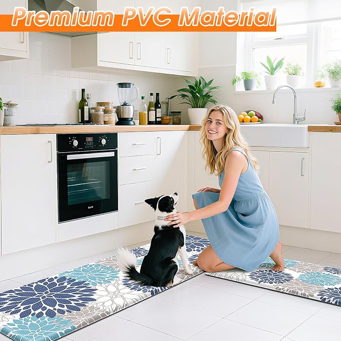 StepLively Kitchen Mats for Floor, Anti Fatigue Mats for Kitchen Floor, Kitchen Decor and Accessories Non Slip Washable Mats Set of 2 for Sink, Office, Laundry, 17.3"×30"+17.3"×59", Blue and White
