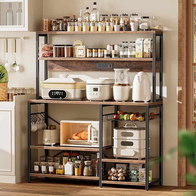 SUPERJARE Bakers Rack with Power Outlet, 47.2 Inches Coffee Bar with 3 Level-Adjustable Open Shelves, Wire Basket, Kitchen Microwave Stand with 6 S-Shaped Hooks, Rustic Brown