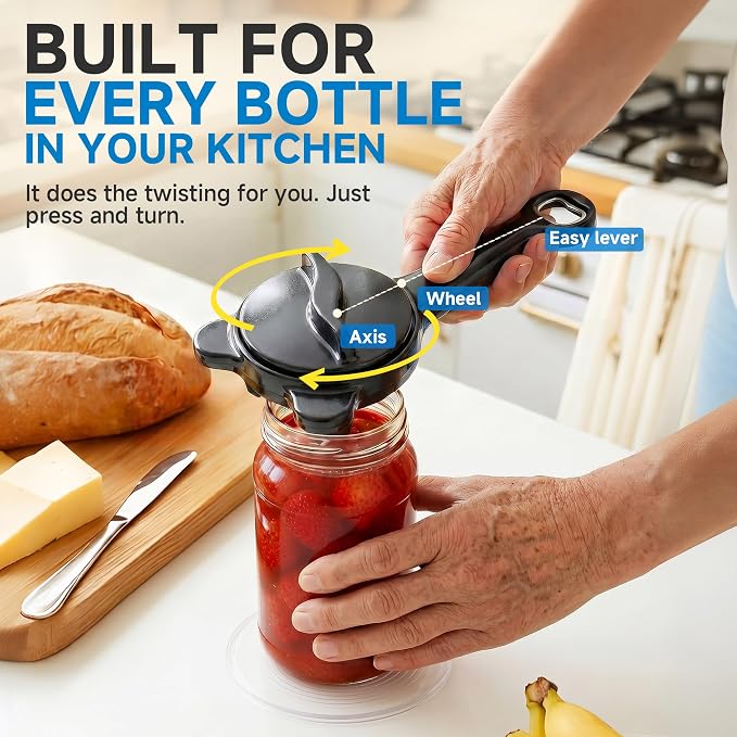 2026 Upgraded 4-in-1 Jar Opener - Adjustable Stainless Steel Lid Remover for Seniors & Arthritis Sufferers, Fits Kitchen Jars, Bottles & Cans Black(2Pcs)