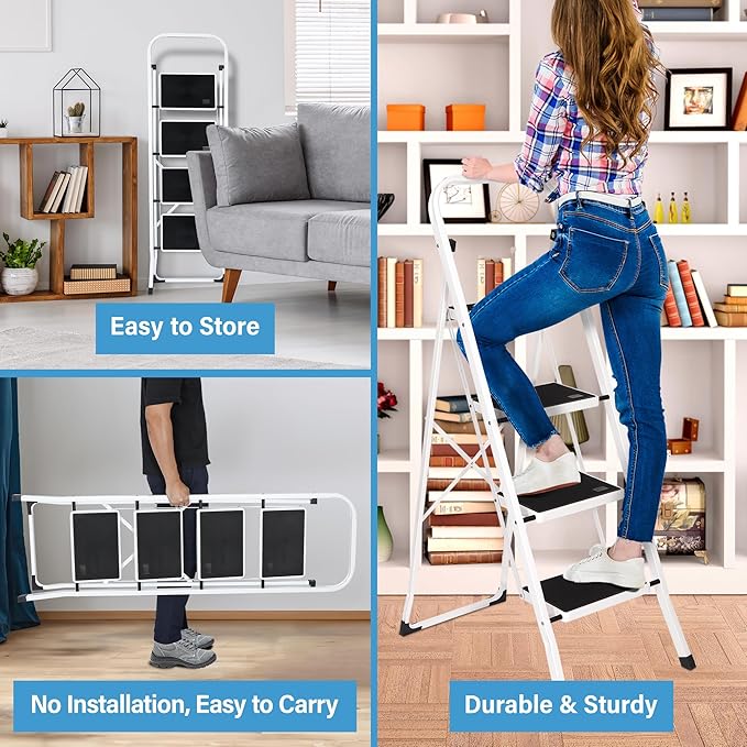 ZENY 4 Step Ladder, Folding Step Stool with Wide Anti-Slip Pedal, 330lbs Sturdy Steel Ladder for Adults, Portable Steel Step Stool for Home Kitchen Office