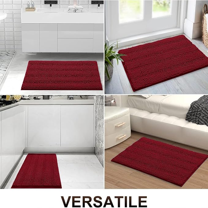 Grandaily Chenille Striped Bathroom Rugs 24x16, Extra Thick and Absorbent Bath Mats, Non-Slip Soft Plush Shaggy Shower Carpet, Machine Wash Dry, Bath Rug for Bathroom, (Small, Red)