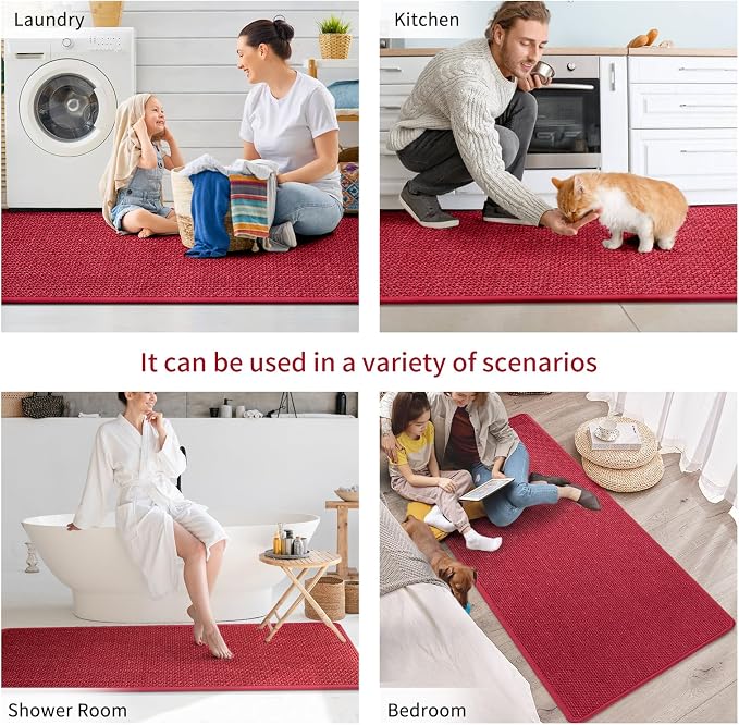 YDKGL Kitchen Mats for Floor, Super Absorbent Kitchen Rugs Non Slip Washable, Soft Imitation Linen Braided Kitchen Runner Rug, Standing Mat Kitchens Sink Mat, Easy to Clean, Red 17x47