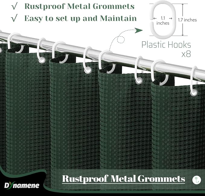Dynamene Stall Fabric Shower Curtain - 48 inch Wide Waffle Weave Weighted Thick Cloth Shower Curtains for Bathroom, Neutral Heavy Duty Hotel Spa Luxury Bath Curtain Set with 8 Hook, 48x72, Dark Green