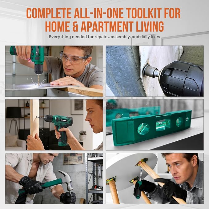 Hi-Spec 8V Cordless Drill Set & Tool Kit for Men – Power USB Rechargeable Electric Drill Driver, Compact Hand Toolbox with Essential Tools, Green, Ideal for Home Improvement