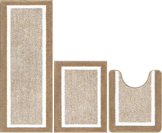 Pauwer Bathroom Rugs Sets 3 Piece Bathroom Shower Rugs with U-Shaped Contour Toilet Mat Absorbent Microfiber Plush Bath Mats Non Slip Bath Rug Machine Washable Shaggy Floor Mat, Khaki