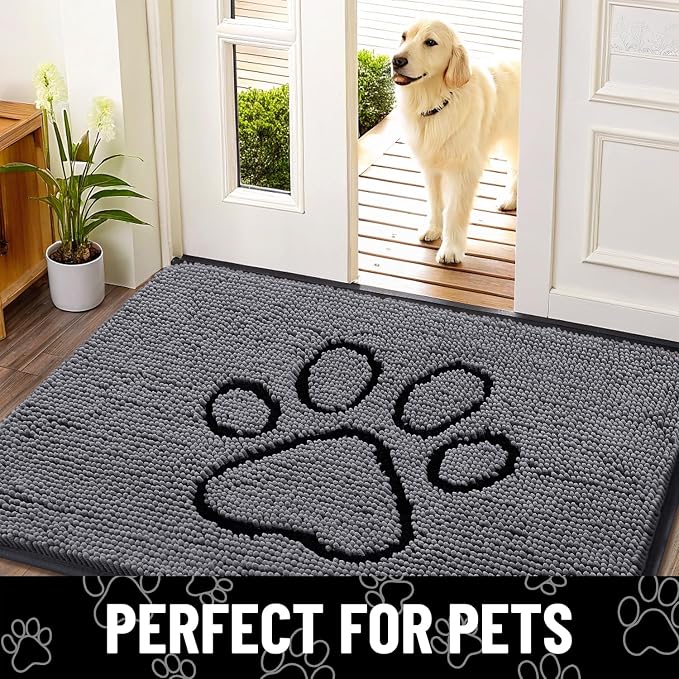 Smiry Dog Door Mat for Muddy Paws, Absorbent Dirt Trapper Non Slip Quick Dry Washable Chenille Mat for Mud Dogs, Entry Rug for Indoor and Outdoor (70x24 Inches, Dark Grey and Black)