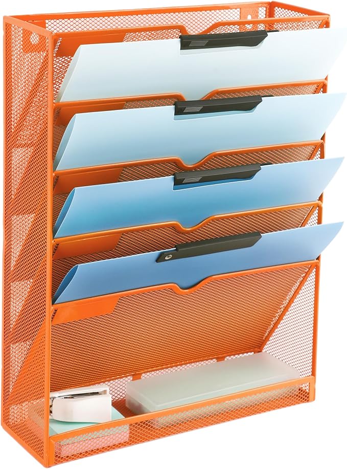 EASEPRES 6 Tier Mesh Hanging Wall File Organizer, Desk Vertical Mail Paper Document Folder Holder Rack with Bottom Tray and Nametag Label for Office Home School, Orange