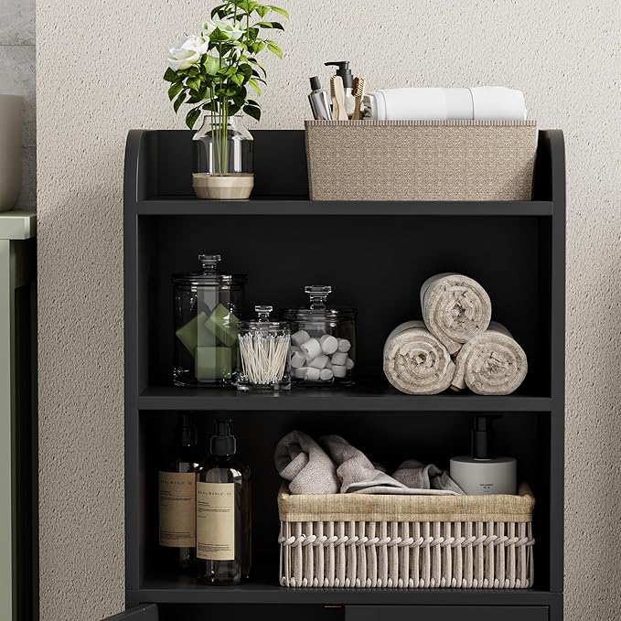 Homhedy Small Bathroom Storage Cabinet, Freestanding Toilet Paper Storage with 2 Doors and Shelves, Bathroom Organizers and Storage for Small Spaces, Laundry Room, 7.9" D x 14.6" W x 31" H, Black
