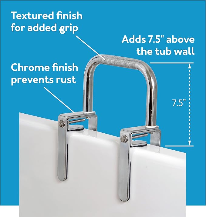 Carex Bathtub Rail with Finish Bathtub Grab Bar Safety Bar for Seniors and Handicap for Assistance Getting in and Out of Tub, Easy to Install on Most Tubs, Chrome, 1 Count