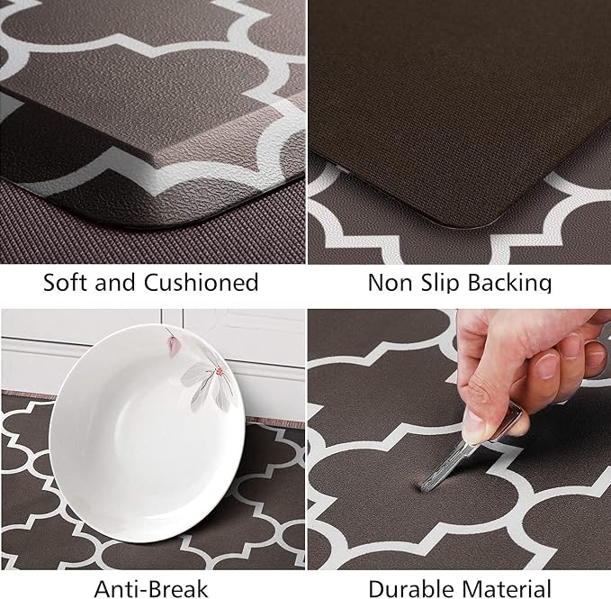 KMAT Kitchen Mat [2 PCS] 0.47inch Cushioned Anti-Fatigue Kitchen Rug, Waterproof Non-Skid Kitchen Mats and Rugs Heavy Duty PVC Ergonomic Comfort Standing Mat for Kitchen, Floor Home, Chocolate