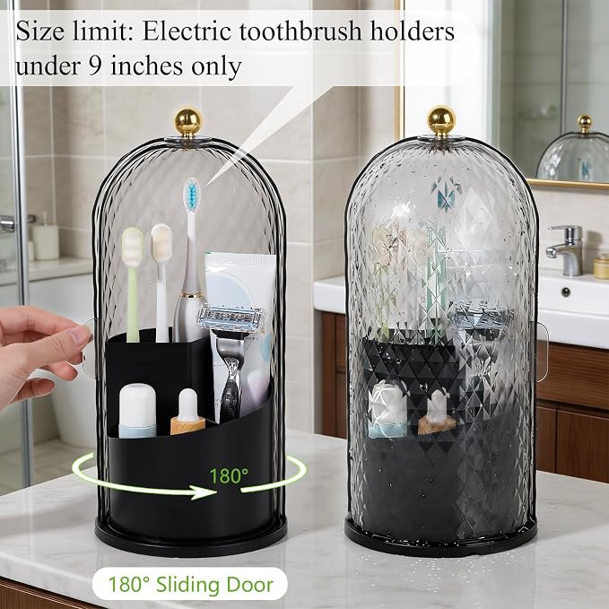Toothbrush Holder with Cover for Bathroom Countertop, Rotating Organizer for Electric Tooth Brush and Toothpaste, 3-Slot Makeup Brush Storage, Self-Draining Vanity Counter Organizer, Black