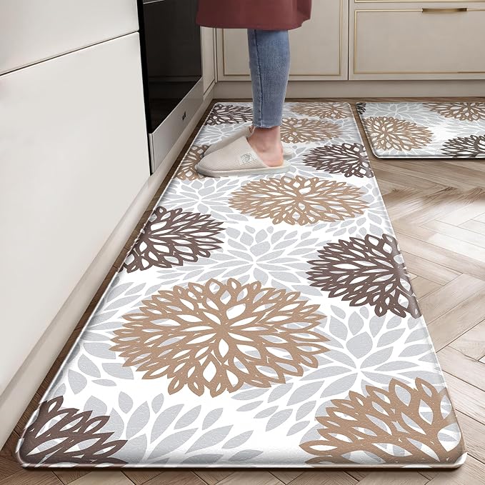 Cushioned Anti-Fatigue Kitchen Mats for Floor – Non-Slip Waterproof Memory Foam Runner, Extra Wide & Long, Comfortable Standing Mat for Kitchen, Sink, Office, Laundry, Brown Gray