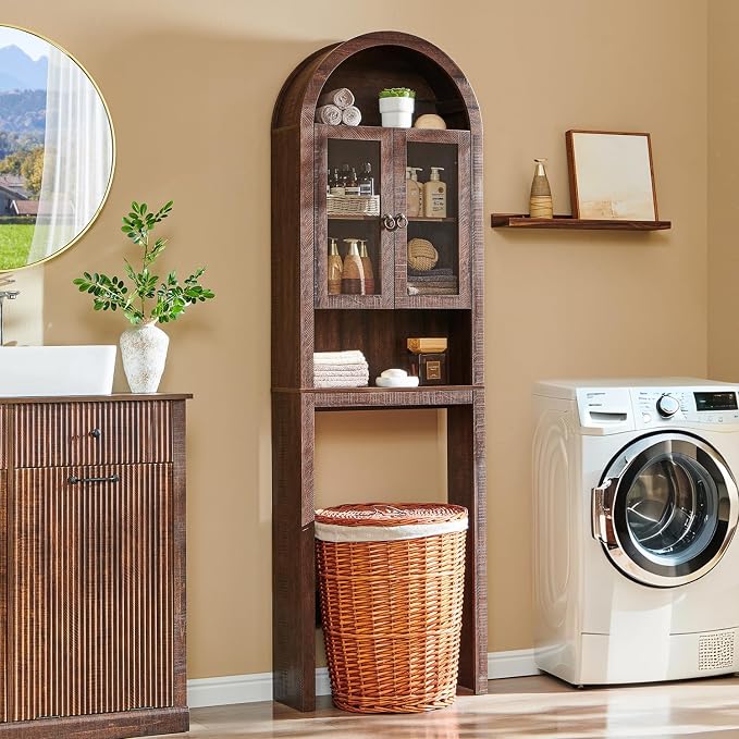 IFGET Arched Over The Toilet Storage Cabinet with Acrylic Doors, Modern Over Toilet Bathroom Organizer Shelf, Small Wooden Bathroom Storage Cabinet with Adjustable Shelf, Space Saver, Dark Walnut