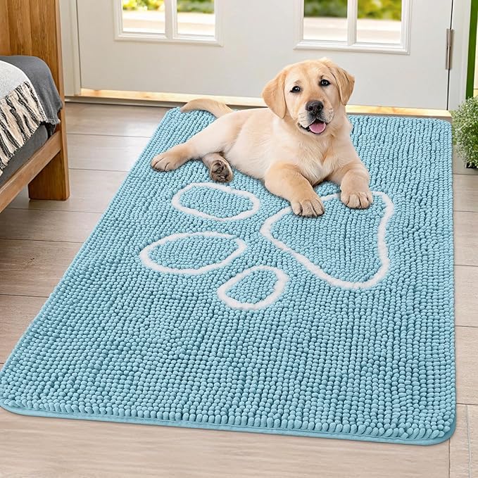 Smiry Dog Door Mat for Muddy Paws, Absorbent Dirt Trapper Non Slip Quick Dry Washable Chenille Mat for Mud Dogs, Entry Rug for Indoor and Outdoor (40x32 Inches, Sky Blue and White)