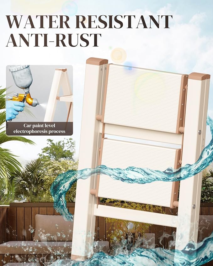 2 Step Ladder, Folding Step Stool with Wider Pedal, Anti-Slip Feet & Non Slip Stripes, Aluminum Sturdy Material, 300Lbs Capacity, Elegant Look of Cream Chocolate Better Matches Your Home