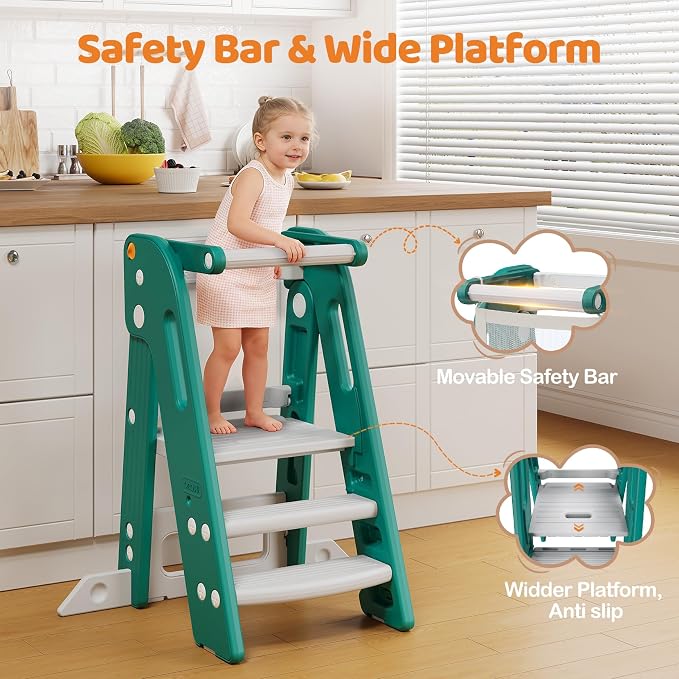 Onasti Toddler Standing Tower, Converts from 3-Step to 2-Step as Kids Grow, Space Saving Kids Kitchen Step Stool for Bathroom Sink, Kitchen Counter and Everyday Household Use-Green