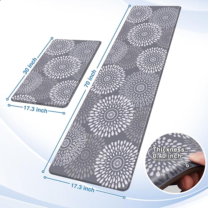 LuxStep Kitchen Mat Cushioned Rugs Anti-Fatigue Mats for Kitchen Floor,Waterproof Non-Slip Mats and Rugs Set for Office,Floor,Laundry 17.3"×30"+17.3"×70",Grey