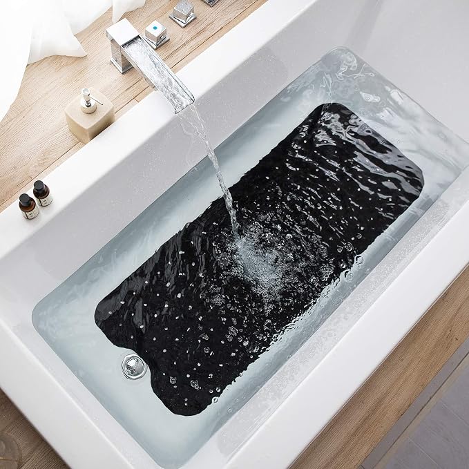 TEESHLY Bathtub Mats for Shower Tub, Extra Long Non-Slip 39 x 16 Inch Bath Mat with Drain Holes and Suction Cups, BathMat for Bathroom with Machine Washable (Opaque Black)