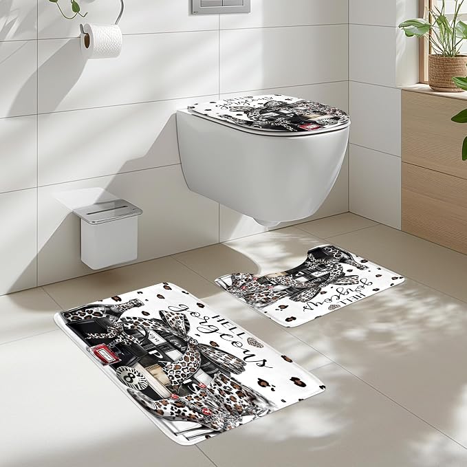 4Pcs White Black Leopard Shower Curtain Set,Cheetah Fashion Luxury Magazine Books Perfume High Heels Bathroom Curtain with Rug, Toilet Lid Cover, Bath Mat,Girls Shower Curtain with 12 Hooks