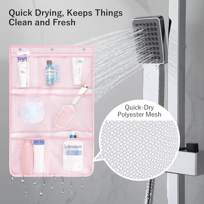 F-color Cruise Essentials 2026 - Mesh Shower Organizer Hanging with 7 Pockets for RV Gym Camping, Quick-Dry Portable Toiletry Bag with Metal Hooks for Bathroom Travel Toiletries, Pink