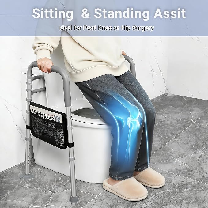Width & Height Adjustable Toilet Safety Rails - Bathroom Support Handles Grab Bar - Stand Alone Toilet Safety Frame Fits Most Toilet