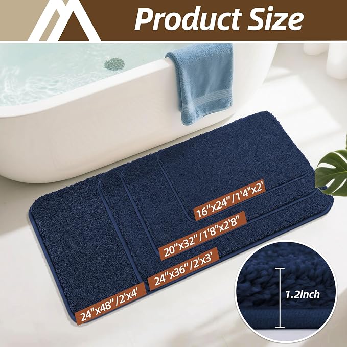 COSY HOMEER Bath Rugs for Bathroom Extra Thick- Anti-Slip Bath Mats Soft Plush Yarn Shaggy 100% Strong Mirco Polyeste Mat Living Room Bedroom Mat Floor Water Absorbent(Navy,24x48 - Inches)