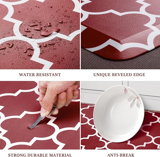 WISELIFE Kitchen Mat Cushioned Anti-Fatigue Kitchen Rug,17.3"x 60",Non Slip Waterproof Kitchen Mats and Rugs Heavy Duty PVC Ergonomic Comfort Mat for Kitchen, Floor Home, Office, Sink, Laundry,Red