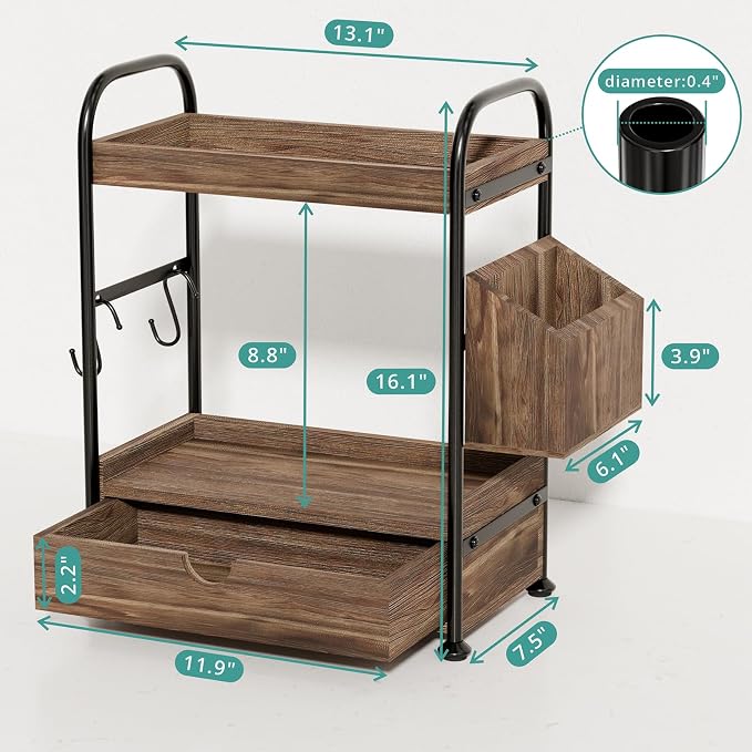 Kottwca 2-Tier Bathroom Counter Organizer with Drawer, Wooden Vanity Skincare Storage Shelf with Thickened Metal Frame, Countertop Shelf with Basket & Hooks for Makeup Organization,Dark Brown
