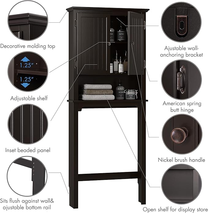 UTEX Above The Toilet Storage Cabinet, Over Toilet Bathroom Organizer with Adjustable Shelves and Double Doors, Espresso