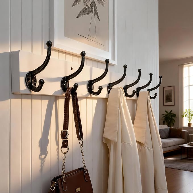 WEBI Rustic Coat Rack Wall Mount,30" Long 7 Cast Iron Coat Hooks Wall Mounted,Heavy Duty Wood Wall Coat Hanger Hooks for Hanging Coats,Jacket,Clothes,Backpack,Farmhouse,Black on White,2 Packs