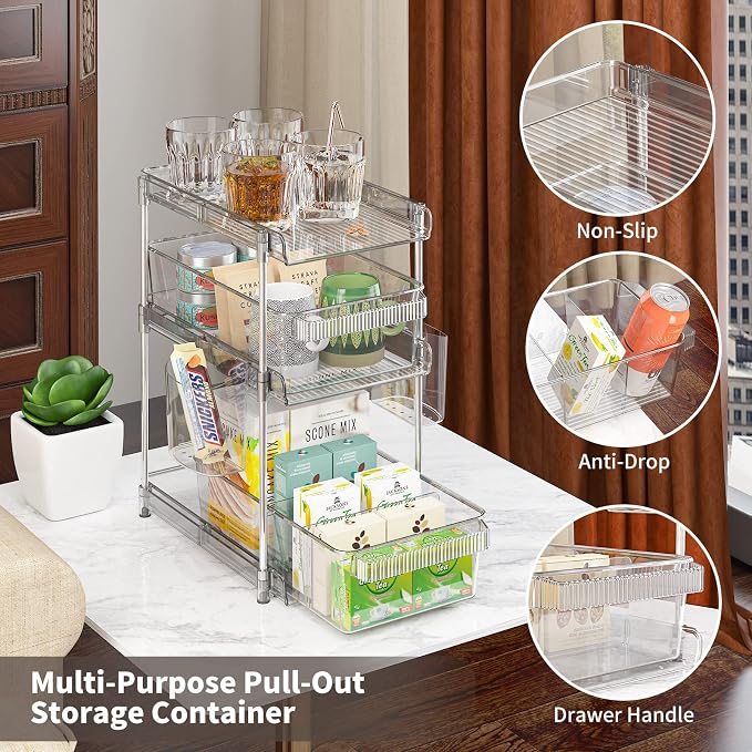 Clear Bathroom Organizers 2 Sets 3 Tier, Pull Out Organizer and Storage with 2 Cups, Slide Out Drawer Storage Container with 6 Dividers, Multi-Purpose Bathroom Organizer, Kitchen Under Sink Organizer