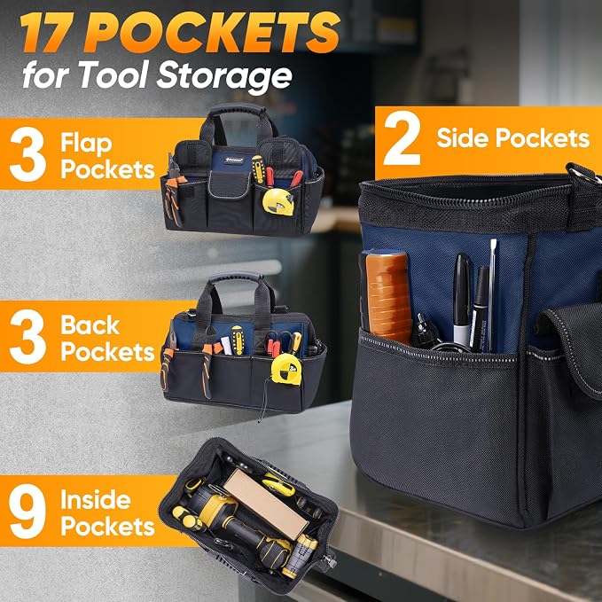 TICONN Heavy Duty Tool Bag with Multi-Pockets, Portable Tool Box Organizer Storage Bag, with Adjustable Shoulder Strap and Ergonomic Handle (Blue, 12" Standard Base)