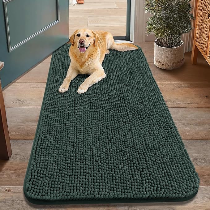 Smiry Dog Door Mat for Muddy Paws 48x30, Absorbent Dirt Trapper, Non-Slip Washable Chenille Entryway Rug for Inside Floor, Green, Classic Solid